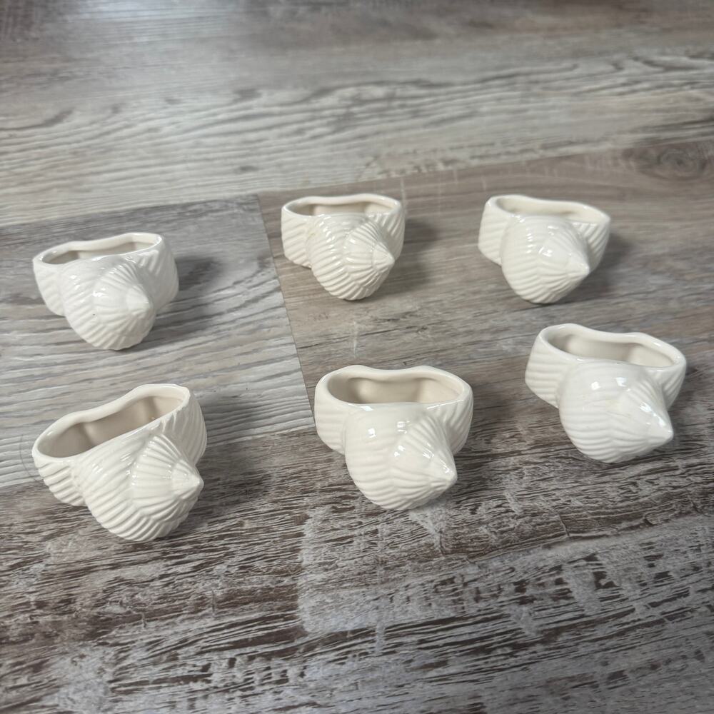Vintage 80s 90s Ceramic Seashell Napkin Rings Set 6 Coastal Beach Cottage Ivory